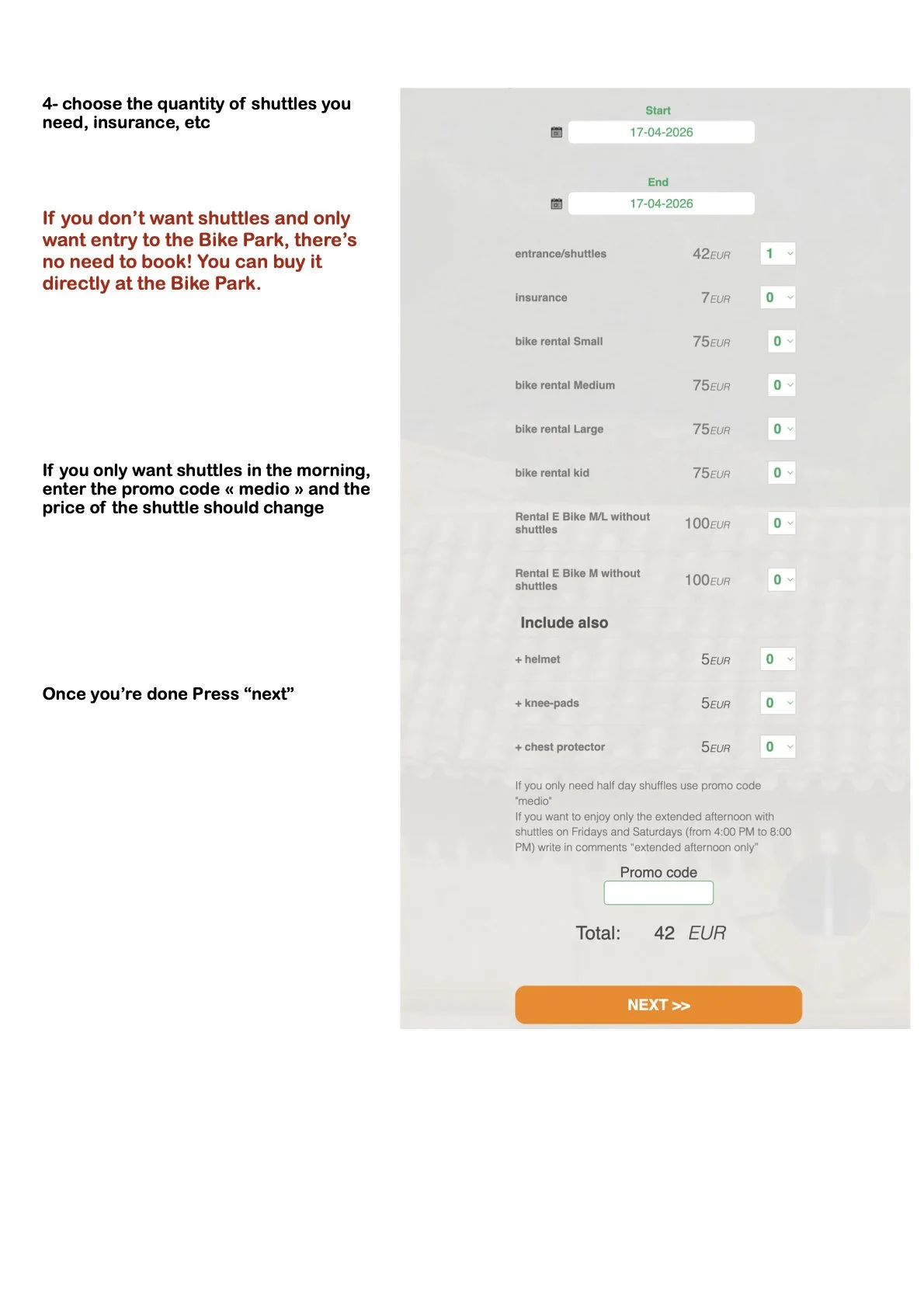 A booking form for bike park shuttles, showing dates, shuttle options, insurance, bike rentals, and additional accessories with prices in euros.
