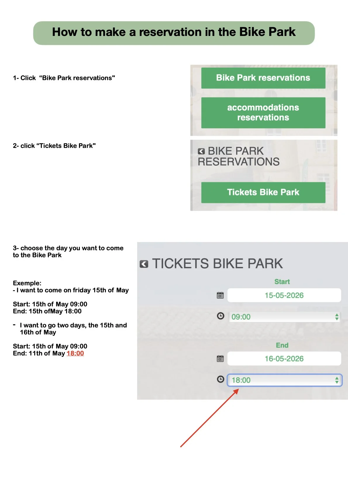 Step-by-step instructions for making a reservation in a bike park, showing options for selecting reservations, tickets, and dates on a digital interface.