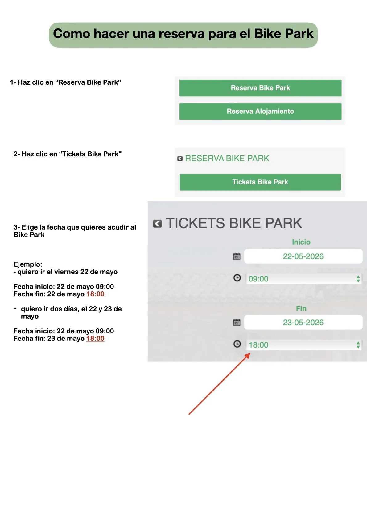 Instructions for reserving a spot at the bike park, including clicking buttons for 'Reserva Bike Park' and 'Tickets Bike Park,' selecting dates and times, with example dates and times in Spanish.