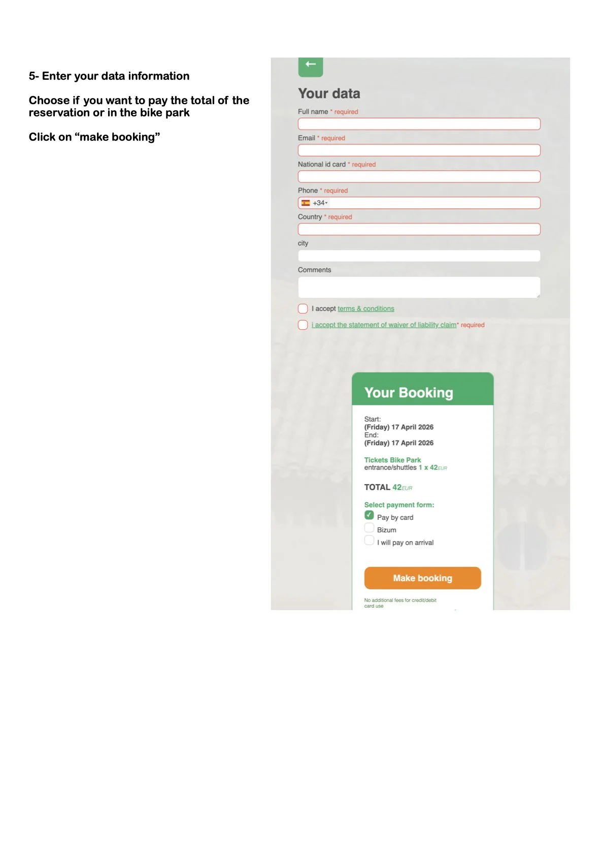 Online reservation form for a bike park including fields for personal information, booking details, and payment options, with a booking summary showing date, location, total cost, and payment methods.