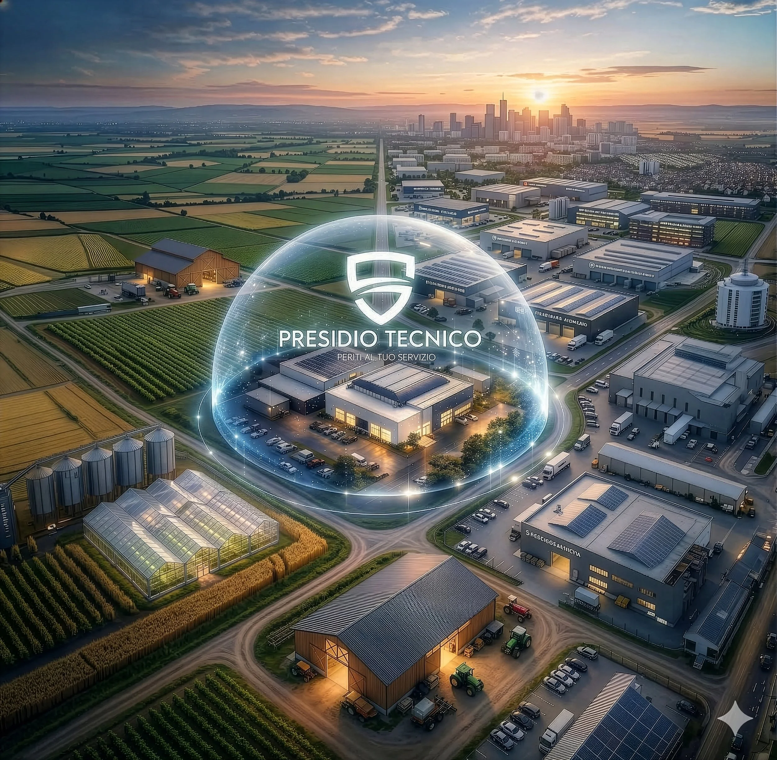 Vista aerea di un'area industriale e agricola al tramonto, con un logo di un edificio della tecnologia e il testo 'PRESIDIO TECNICO' superimposto.