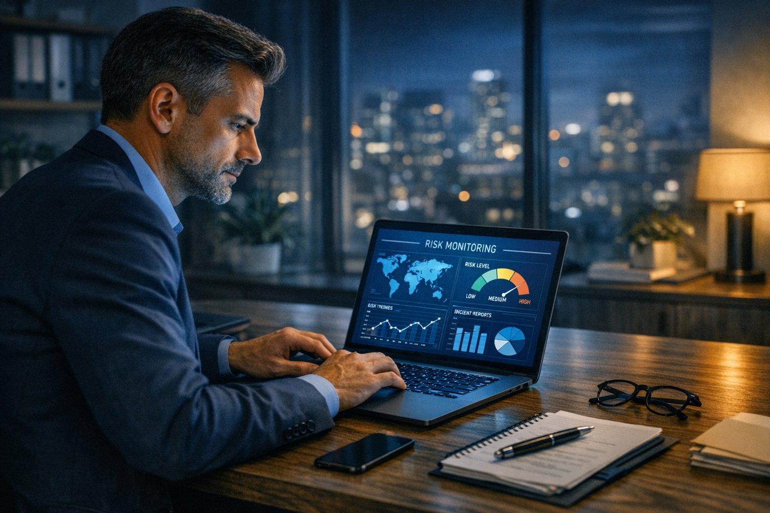 Uomo d'affari al tardo sera seduto alla scrivania davanti a un laptop, che mostra un monitor con grafici e mappe per il monitoraggio dei rischi, in un ufficio con vista sulla città di notte.