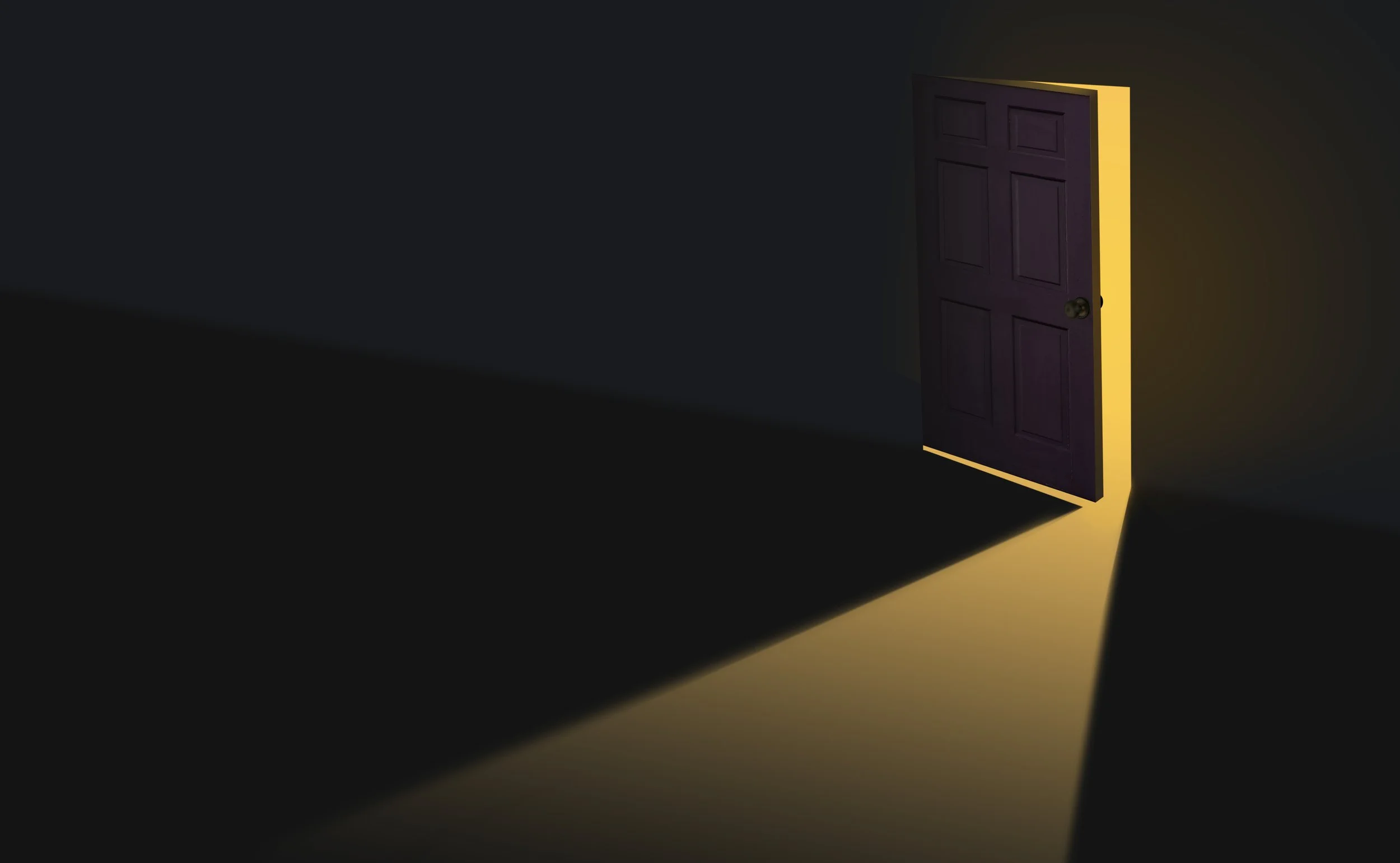 Una porta viola leggermente aperta con una luce gialla che la illumina da dietro, creando un'ombra lunga e stretta sul pavimento e sulla parete dietro.
