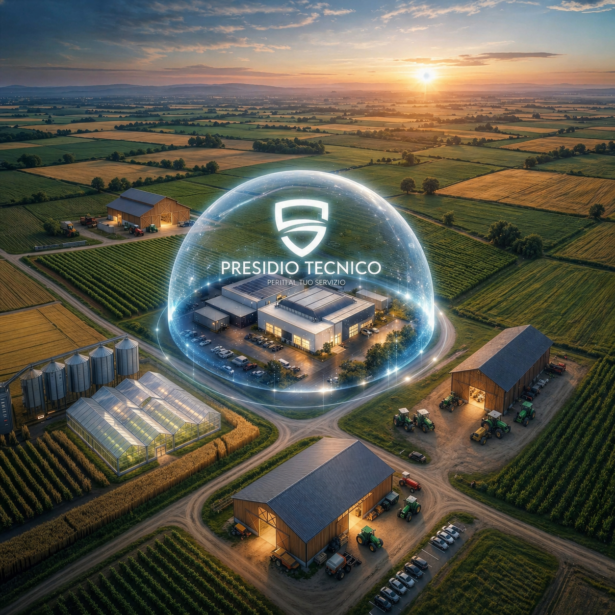 Azienda agricola con serre e silos, vista al tramonto, con sovrapposizione di un'icona tecnologica e testo 'Presidio Tecnico' e 'Periti al tuo servizio'.