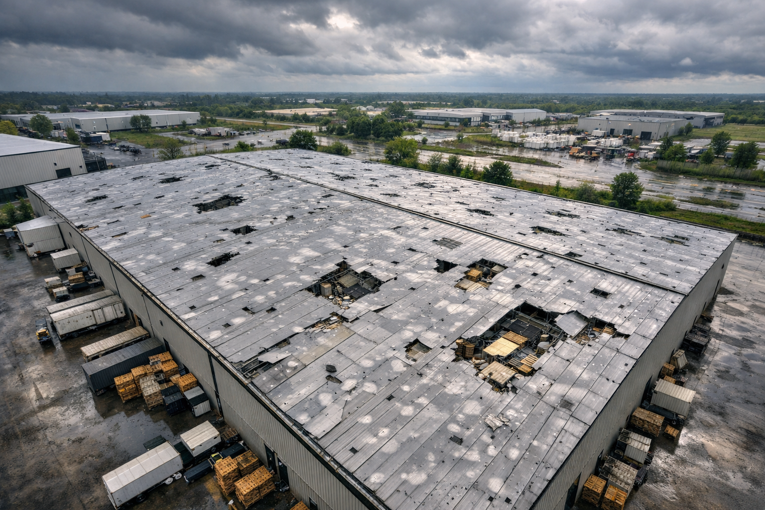 Tetto di un grande magazzino industriale con molti danni, lamiere piegate e ammaccate, con alcune aperture. L'area circostante è bagnata, probabilmente a causa di pioggia intensa. Il cielo è nuvoloso e scuro.