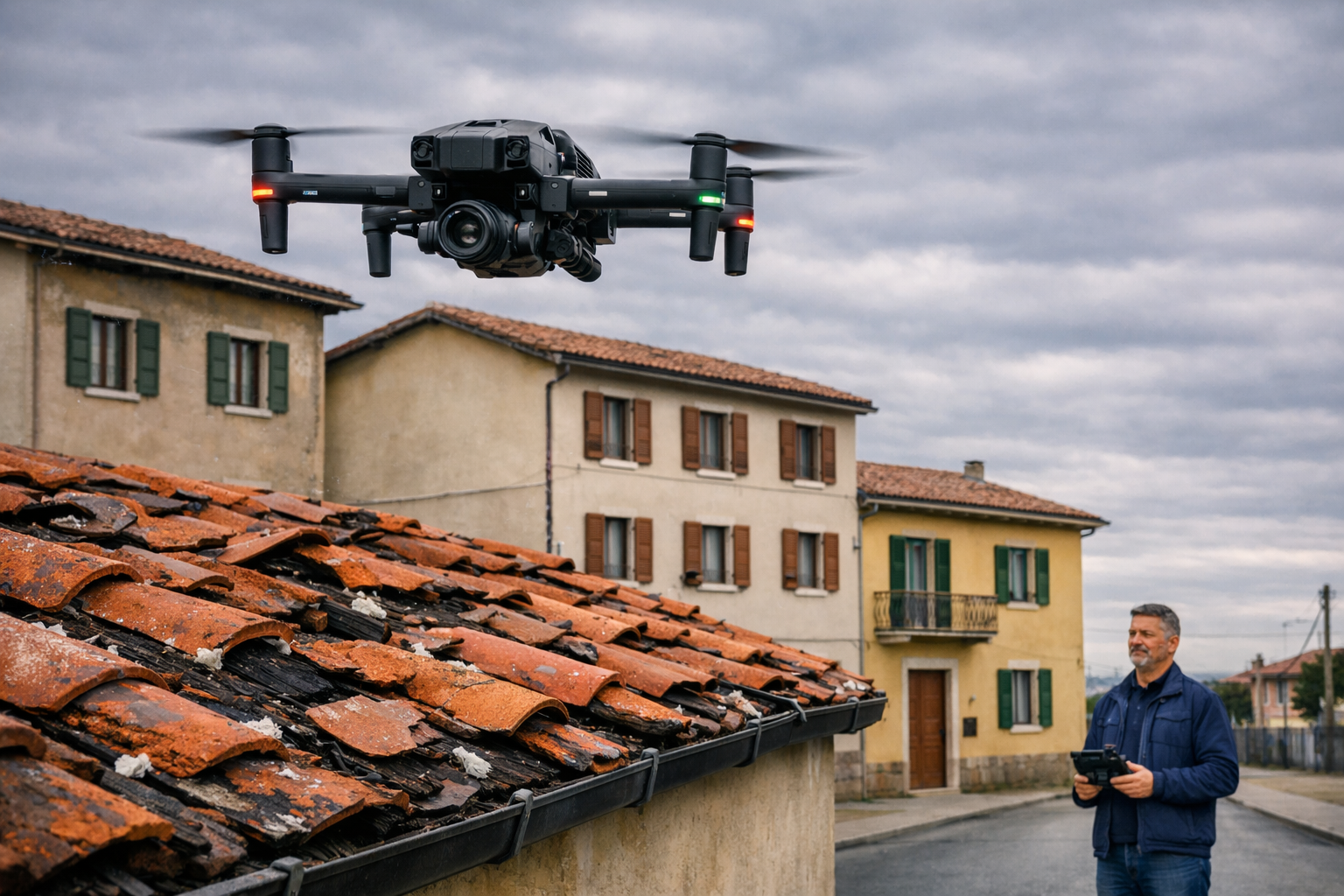 Uomo che controlla un drone che vola sopra i tetti di case in un quartiere residenziale con cielo nuvoloso.
