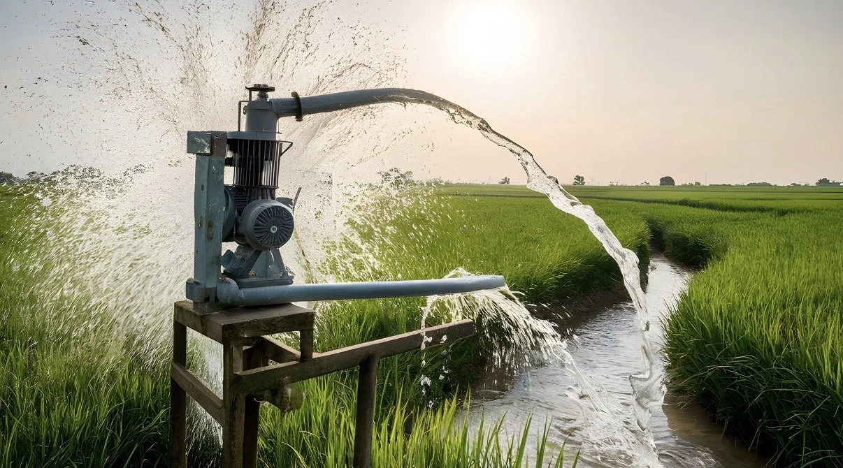Un sistema di irrigazione che spruzza acqua in un campo di riso verde con il sole sullo sfondo.