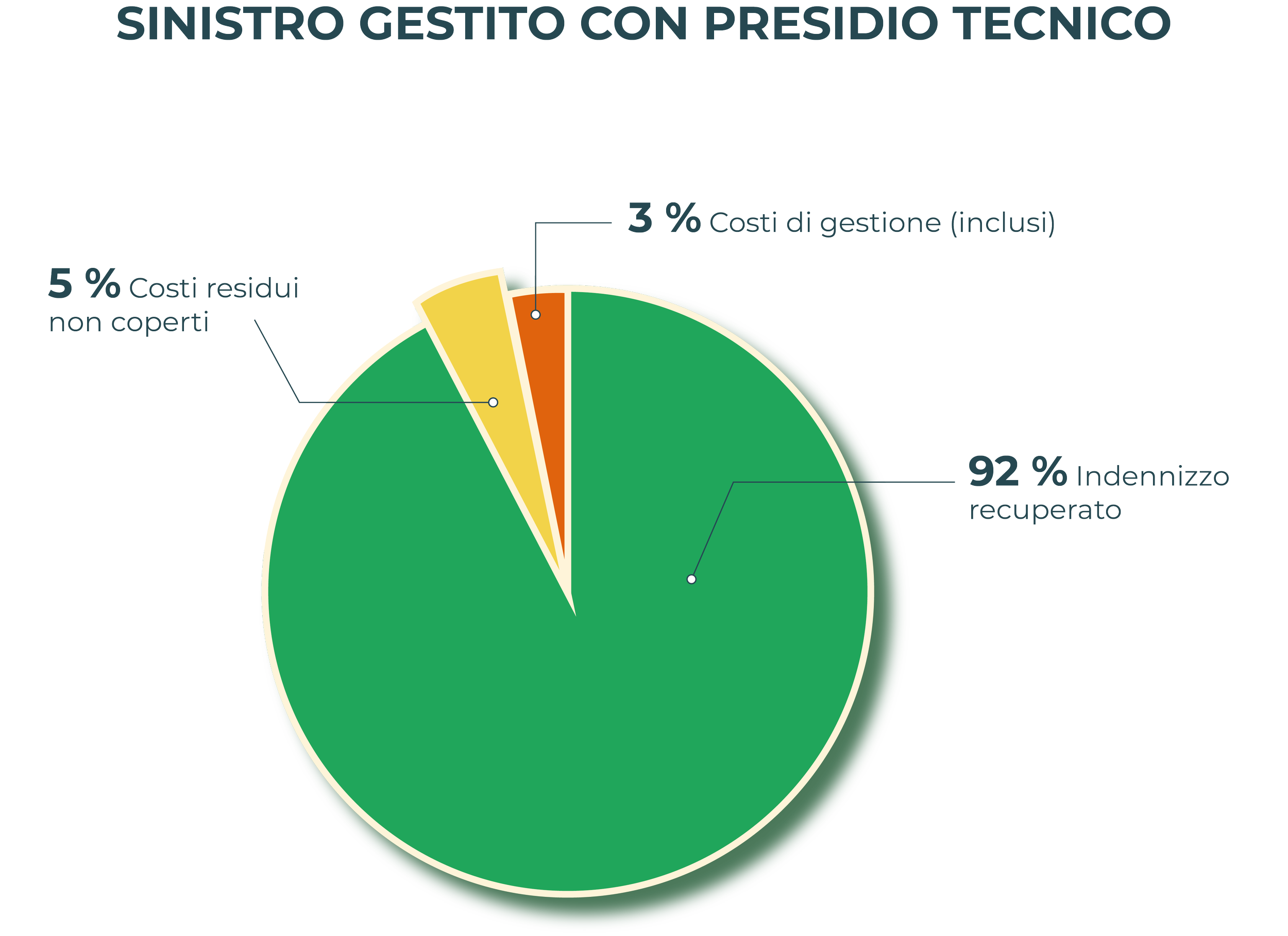 Grafico a torta sull'assicurazione recuperata in un incidente, con segmenti etichettati con percentuali e costi di gestione