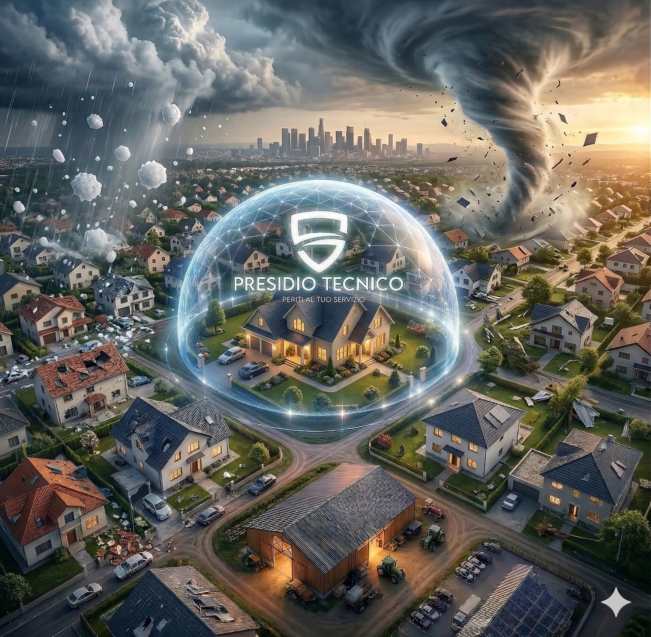 Immagine di un tornado che si abbatte su una città residenziale con case e auto, con un cielo tempestoso e una nuvola minacciosa sullo sfondo. Sul primo piano, un logo e il testo 'Presidio Tecnico' con sottotitolo 'Periti al tuo servizio'.