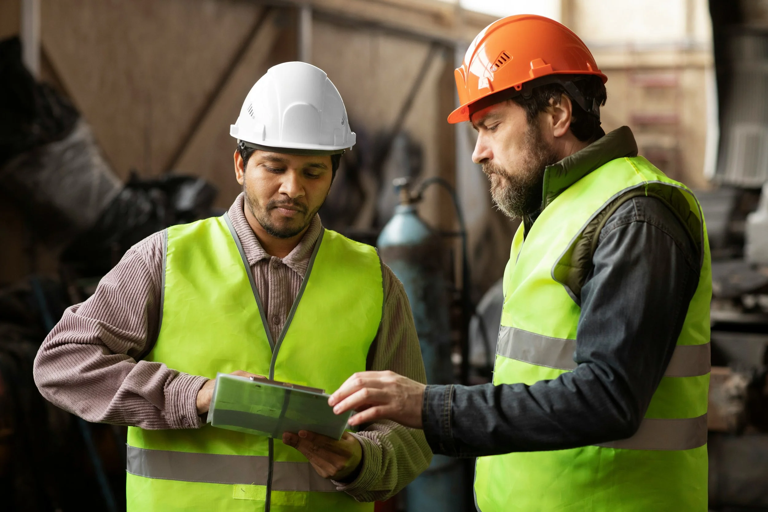 Due uomini con giubbotti e caschi di sicurezza verdi, uno con casco bianco e uno con casco arancione, stanno esaminando un documento insieme in un ambiente di lavoro industriale.