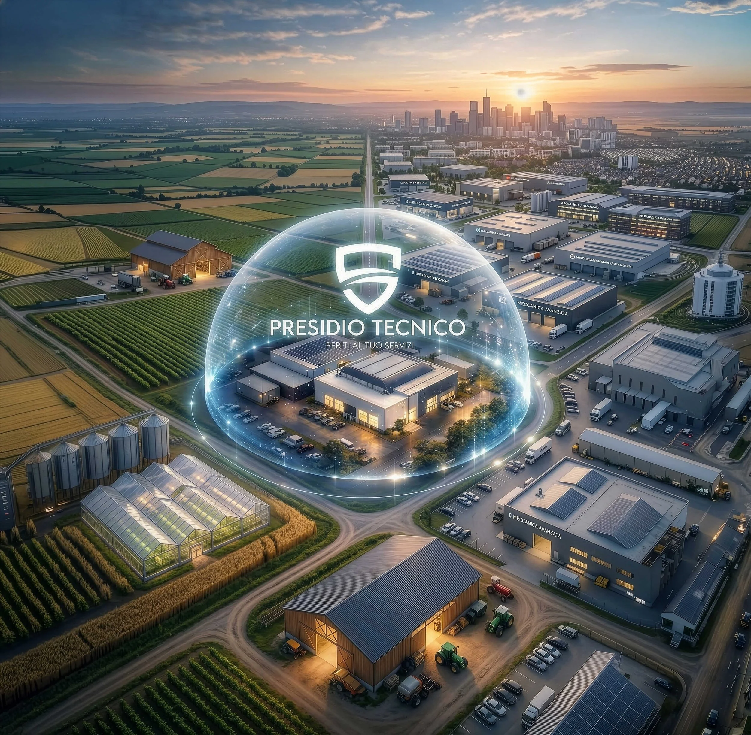Un'area industriale e agricola con diversi edifici, serre e campi coltivati, con uno skyline di grattacieli sullo sfondo al tramonto, evidenziando un ambiente tecnologico e rurale.
