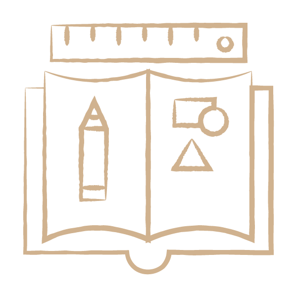 Disegno di un libro aperto con un righello sopra e un'illustrazione di un evidenziatore, un cerchio e un triangolo all'interno del libro.