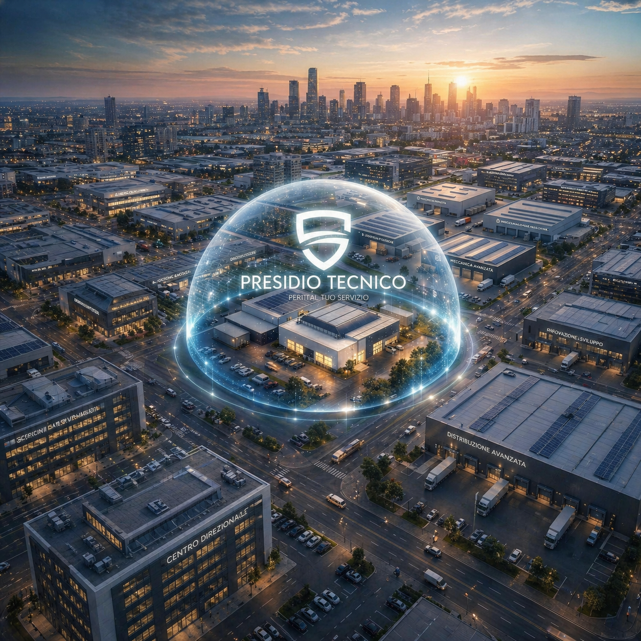 Vista aerea di una città moderna al tramonto con un simbolo digitale di un presidio tecnico, che sembra protetto da un'atmosfera di tecnologia e innovazione.