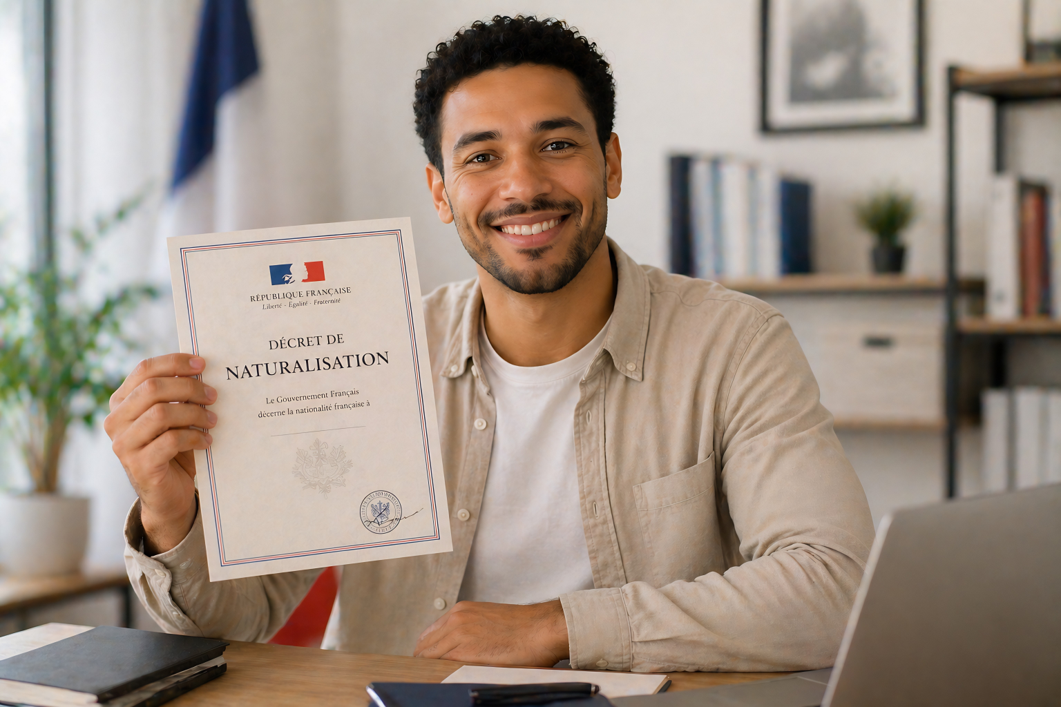 Un homme souriant tient un certificat de naturalisation française dans un bureau, avec un ordinateur portable et des livres en arrière-plan.