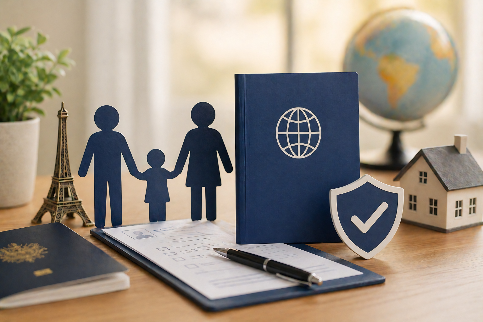 Symboles de famille, globe terrestre, contrat d'assurance, maison, et protection sur un bureau.