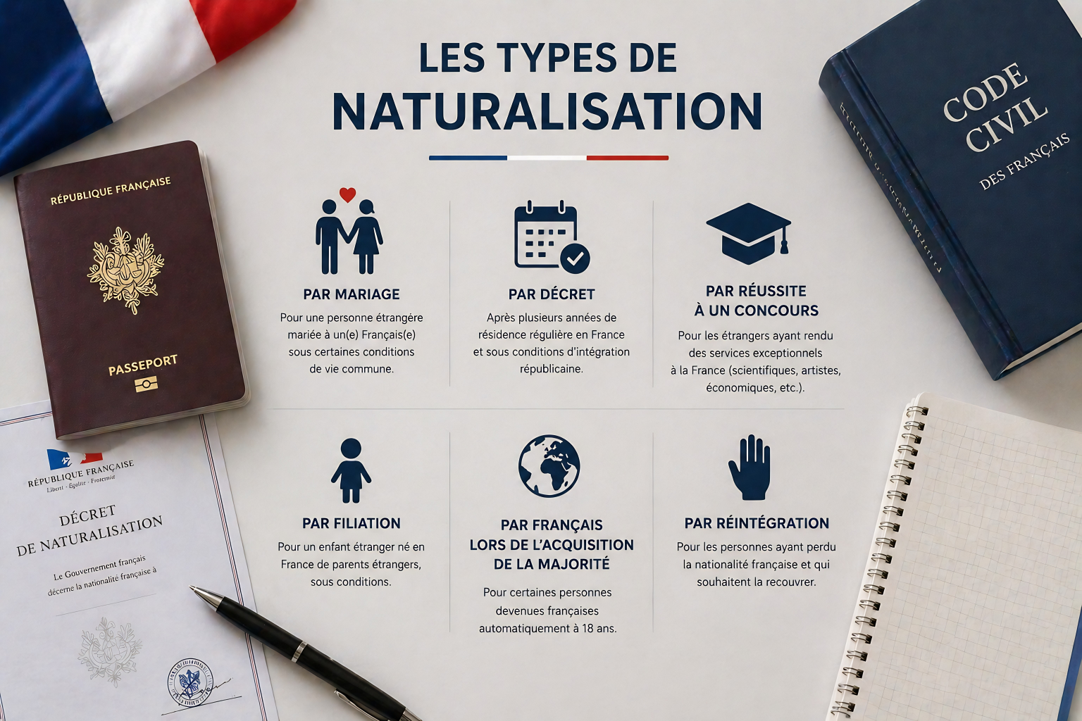 Infographie présentant les différents types de naturalisation en France avec textes et icônes, entourée de documents officiels, un crayon, un carnet et un drapeau français.