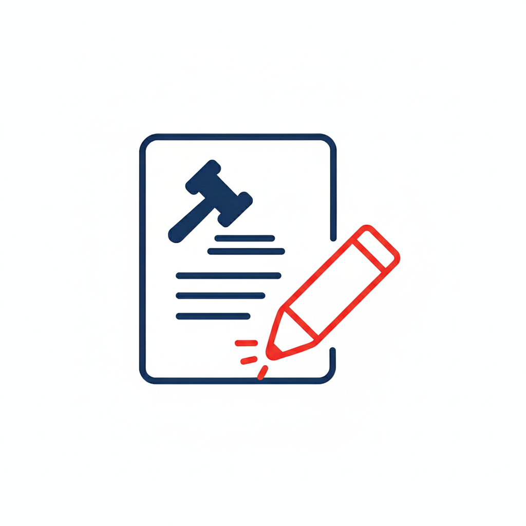Icone représentant un document avec un marteau et un crayon rouge, symbolisant une édition ou une modification légale ou administrative.