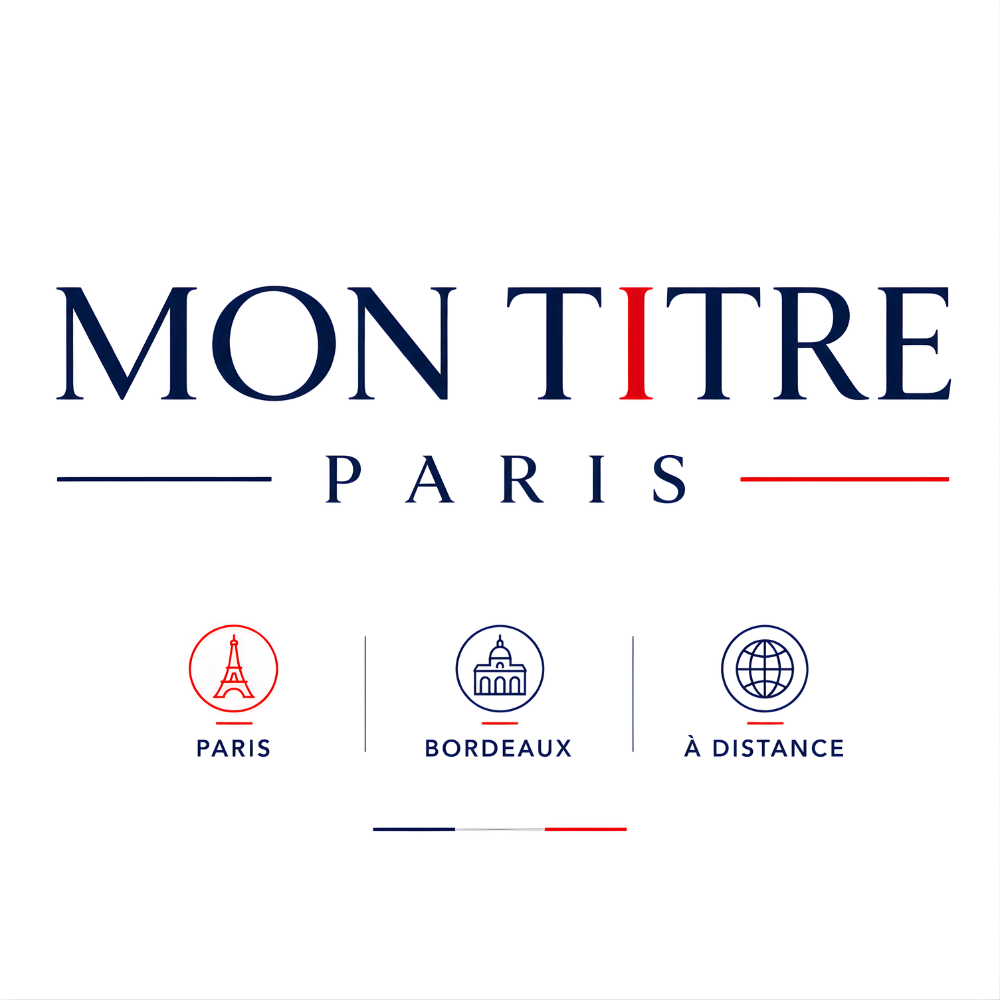 Logo de Mont Titre Paris avec icônes pour Paris, Bordeaux et à distance.