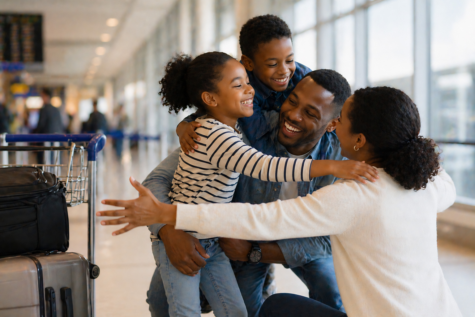 Une famille heureuse accueillie à l'aéroport, se serrant dans les bras et souriant.