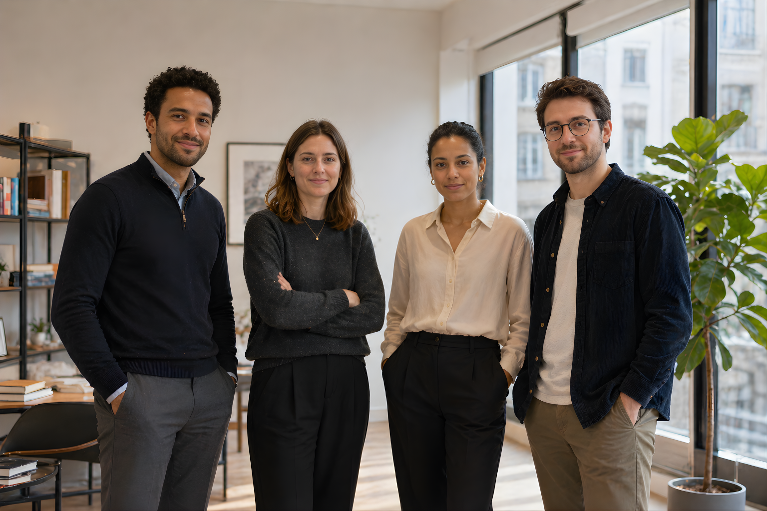 Quatre jeunes adultes d'affaires posant dans une salle de bureau moderne avec de grandes fenêtres et une étagère.