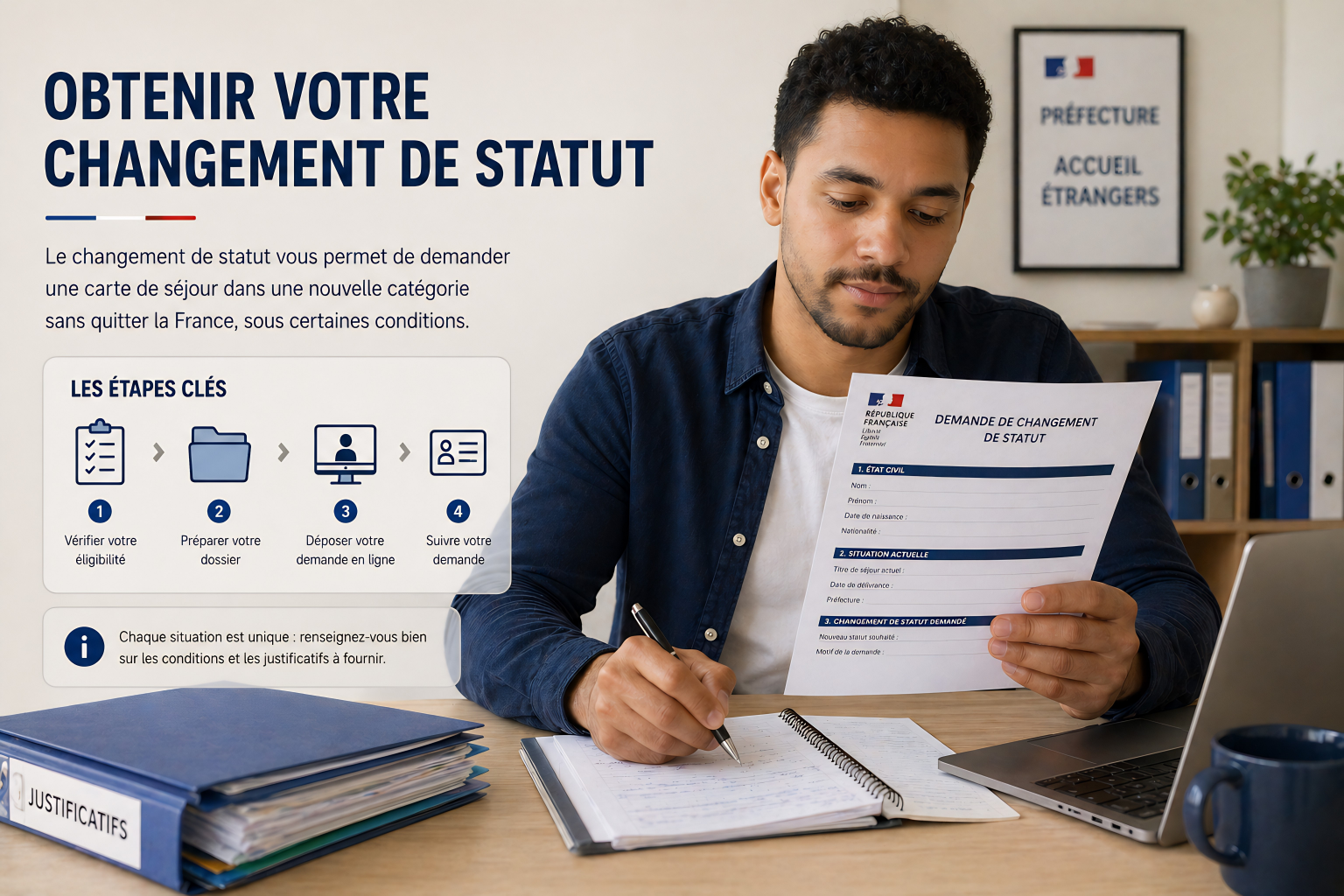 Une personne tenant une demande de changement de statut, assise à un bureau avec un ordinateur portable, des classeurs et un carnet, dans un bureau avec un panneau à l'arrière indiquant « Préfecture Accueil Étrangers ».