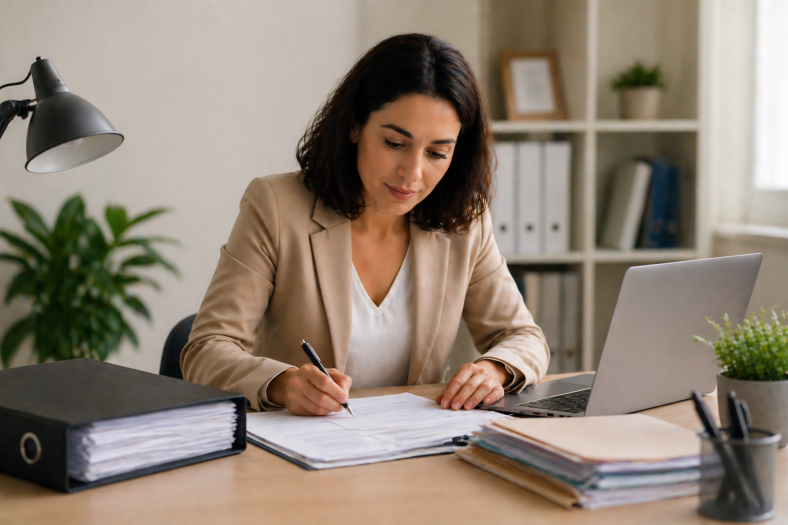 Femme d'affaires travaillant à son bureau, écrivant sur des documents avec un ordinateur portable à côté, entourée de dossiers et de fournitures de bureau, dans un espace bien éclairé.