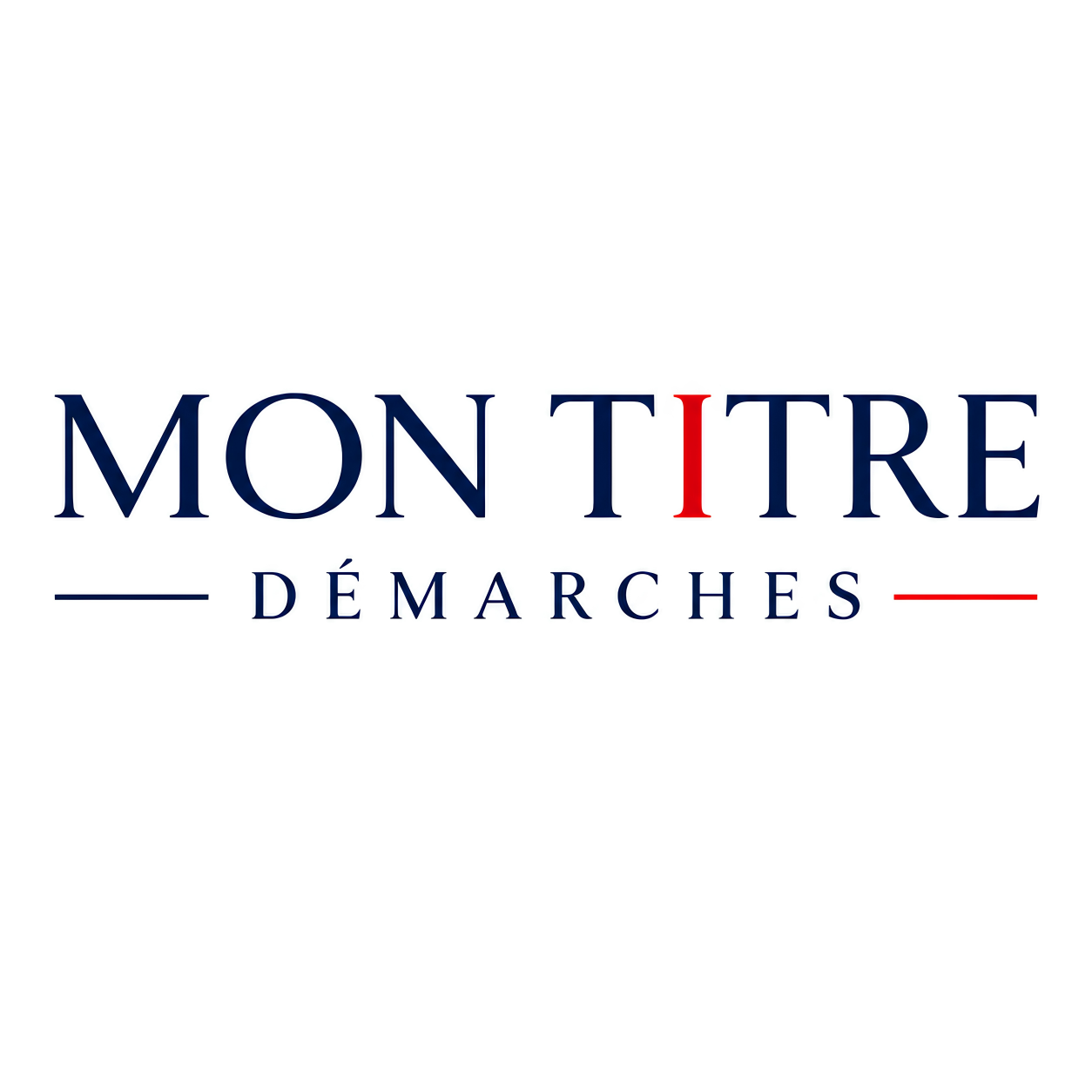 Logo avec le texte 'Mon Titre Démarches' en couleurs bleu marine et rouge, avec deux lignes horizontales rouges et bleues.
