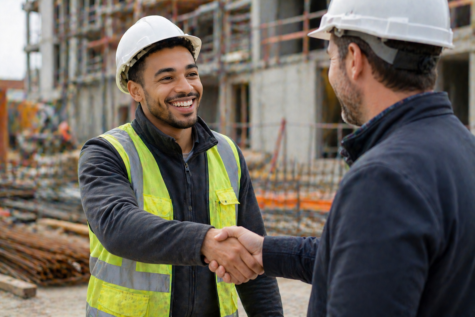 Deux hommes portant des casques de sécurité et des vestes réfléchissantes se serrent la main sur un site de construction.