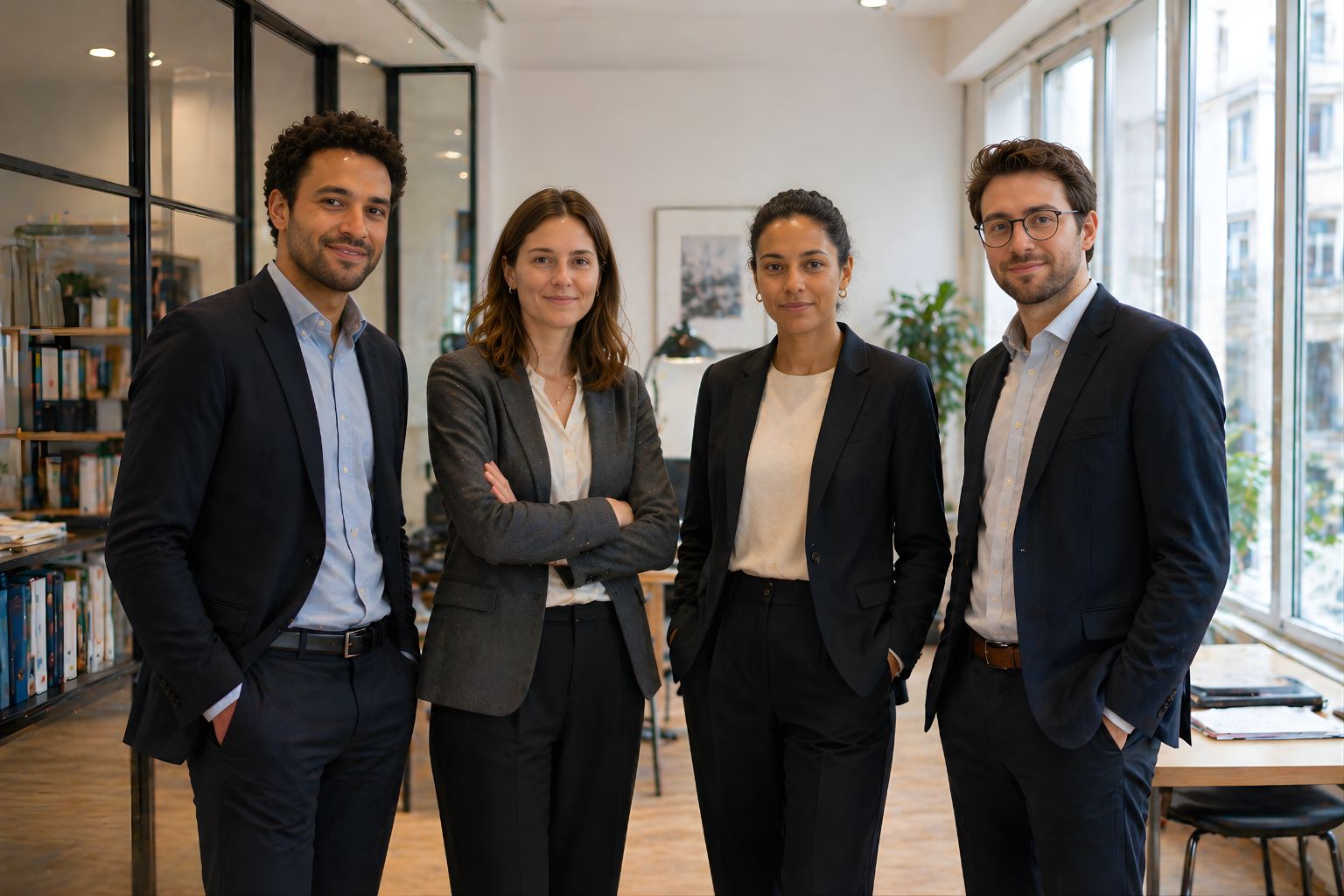 Quatre personnes d'affaires en costume posant dans un bureau moderne avec des étagères et des fenêtres lumineuses en arrière-plan.