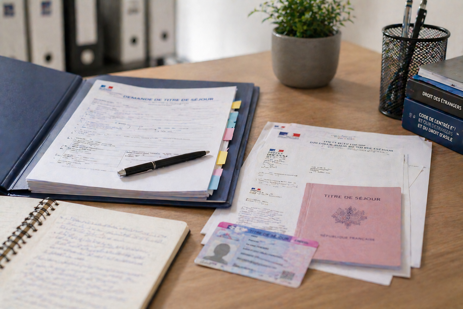 Documents administratifs, carnet, stylo, plante en pot, livres, et fiche d'identité française sur un bureau.
