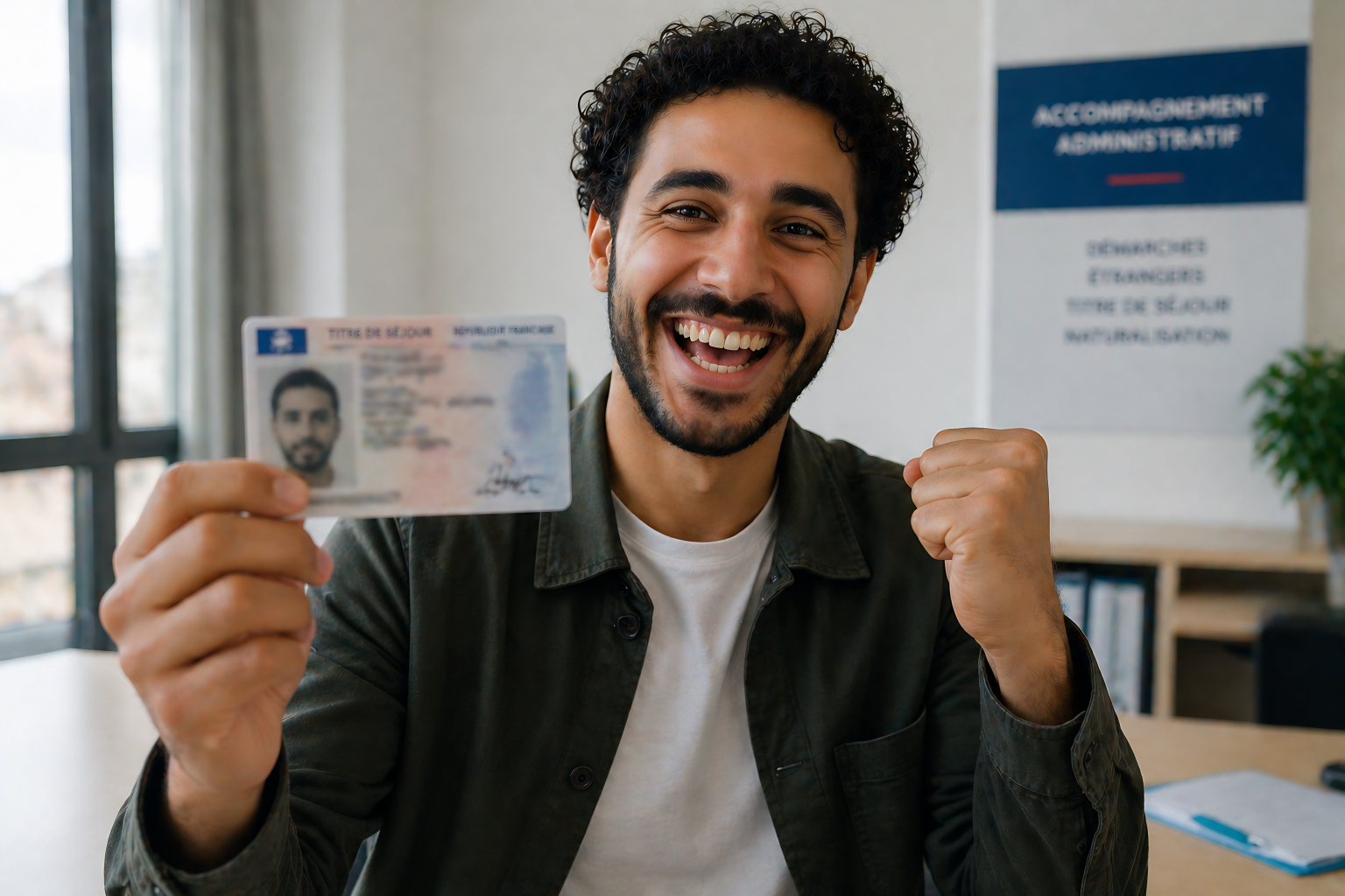 Un homme souriant tient une carte d'identité au bureau, exprimant de la joie et de la fierté.