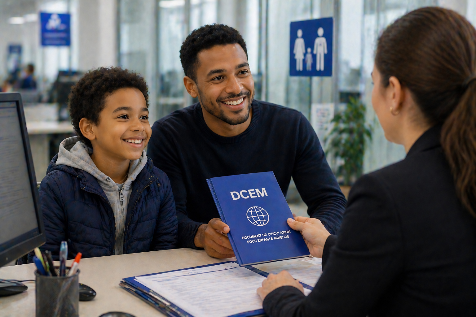 Un adulte et un enfant sourient lors d'un entretien à la caisse, une femme remet un document intitulé 'DCEM' pour un permis de circulation pour enfants mineurs, dans un environnement administratif.