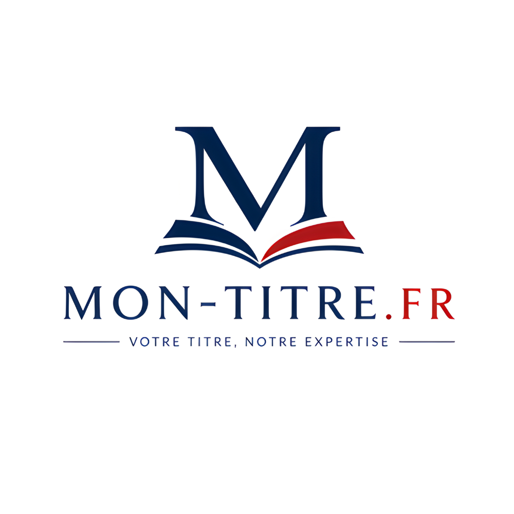 Logo de Mon-Titre.fr avec un livre ouvert, une grande lettre M au-dessus, et le slogan 'Votre titre, notre expertise' en dessous.