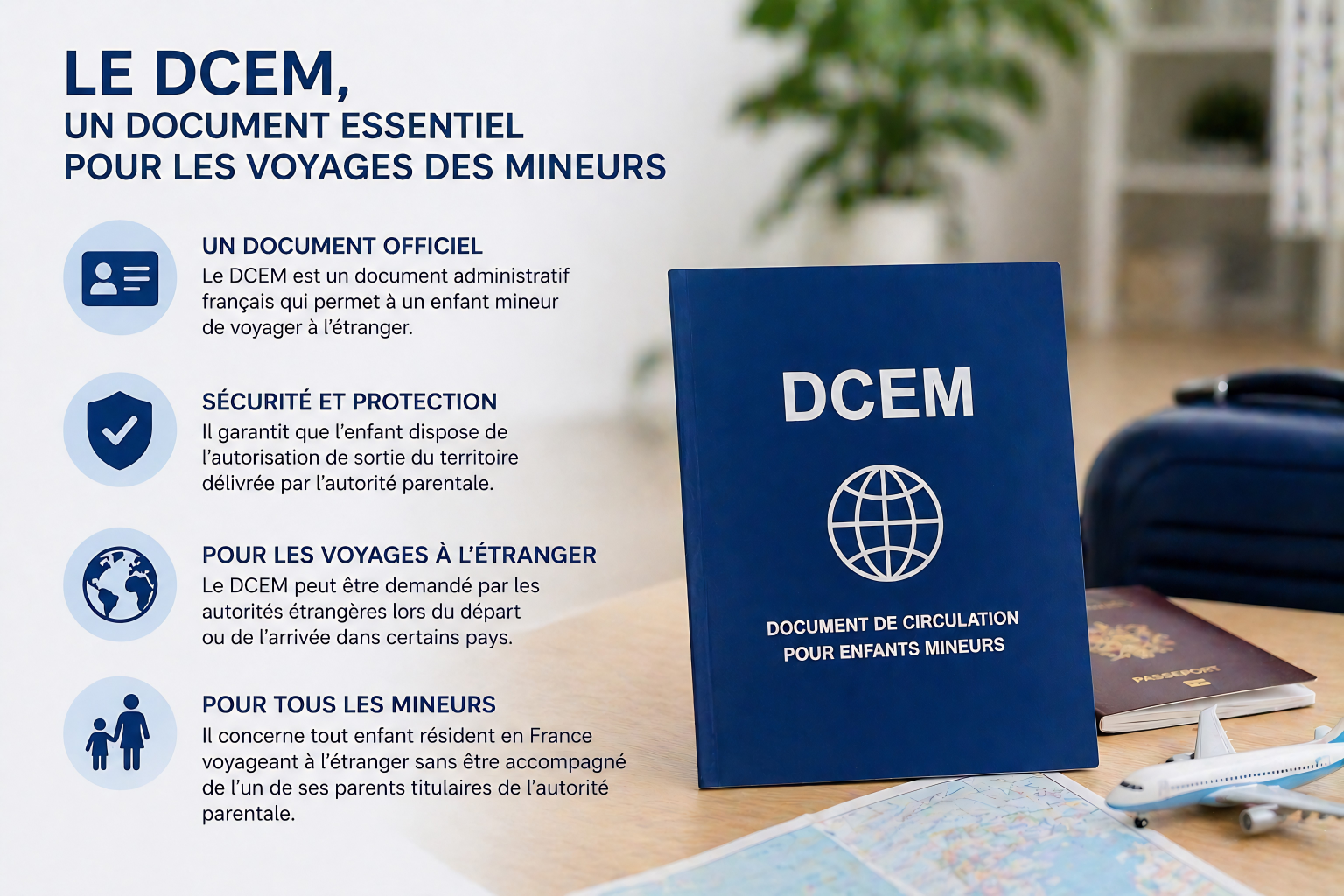 Vues d'une affiche informative en français sur le DCEM, document essentiel pour le voyage des mineurs, avec une brochure bleue portant la mention 'DCEM' et un globe, un passeport, un livre et un petit avion sur la table.