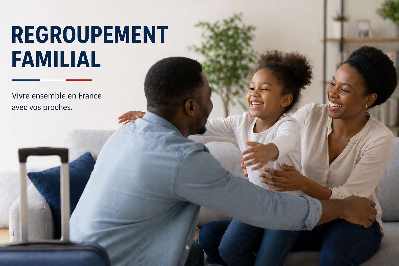 Une famille de trois personnes souriantes assises sur un canapé, une femme et un homme avec une jeune fille, avec un décor intérieur moderne en arrière-plan.