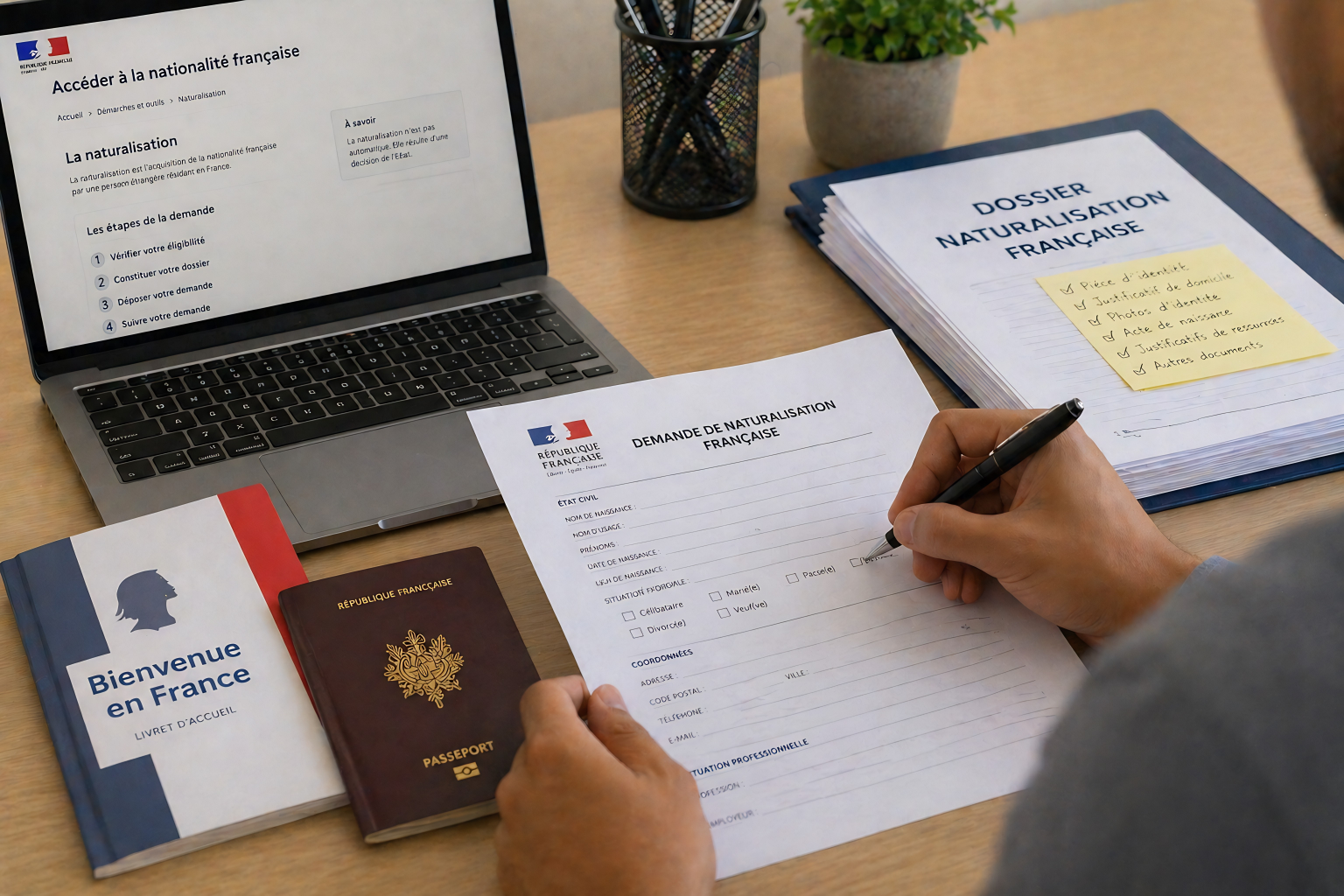 Une personne remplit une demande de naturalisation française sur une table, entourée de documents officiels, dont un passeport, un livret d'accueil, un dossier de naturalisation, un ordinateur portable affichant des instructions, et des recueils pour la bienvenue en France et le passeport, avec un pot de fleurs en arrière-plan.