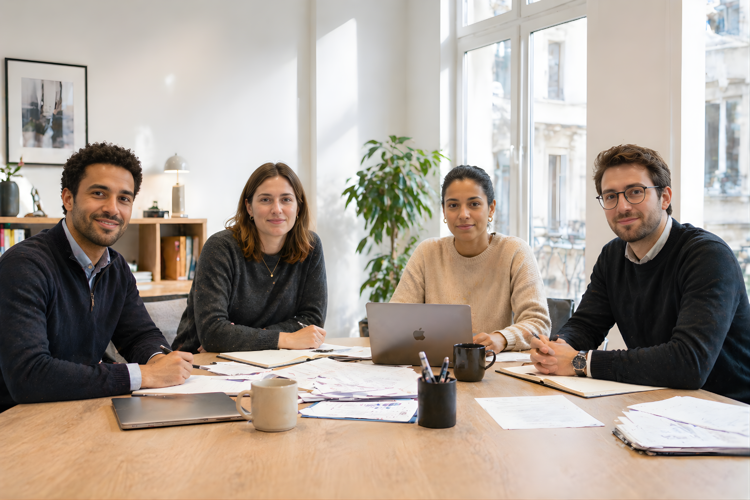 Groupe de quatre personnes assises autour d'une table de réunion avec un ordinateur portable, devant une grande fenêtre dans un bureau lumineux.