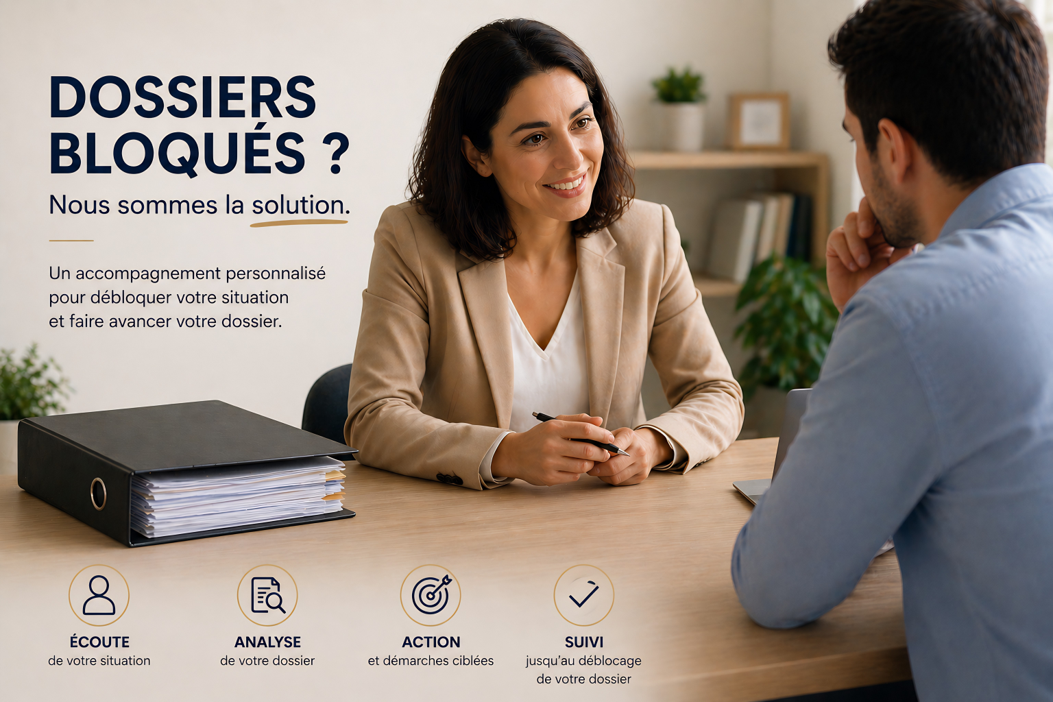 Une femme et un homme discutent lors d'une séance de conseil, avec du texte promotionnel à gauche et des icônes illustrant écoute, analyse, action et suivi en bas.