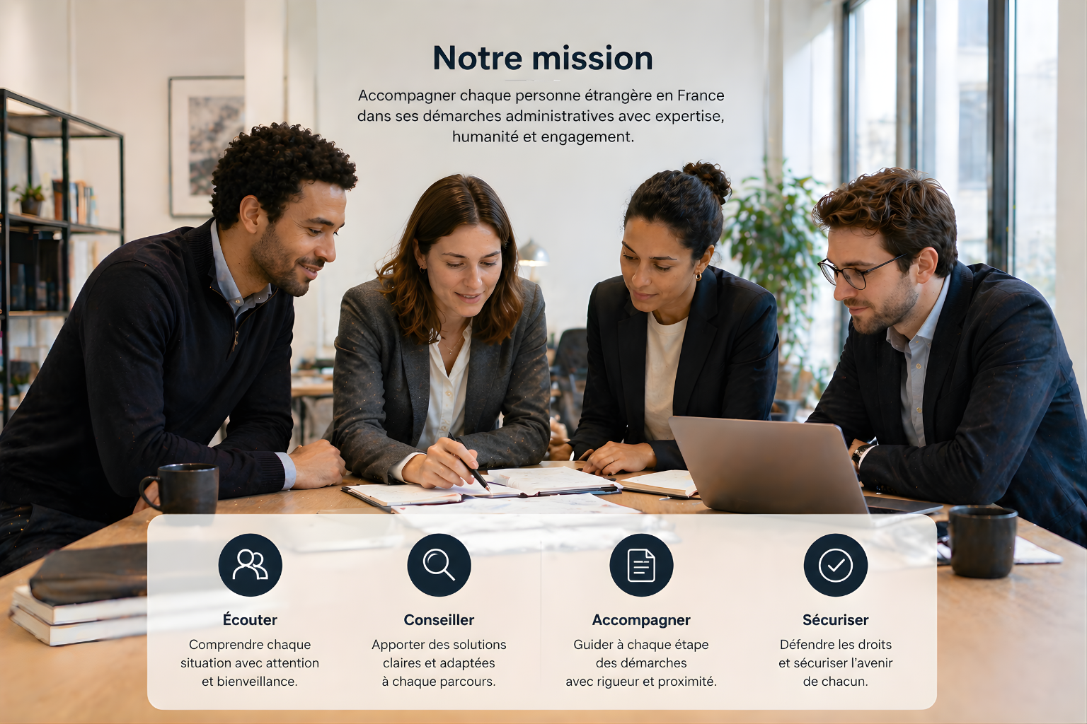 Groupe de cinq personnes en réunion dans un bureau, discutant et travaillant avec des documents, un ordinateur portable, et des tasses. Sur l'écran, texte en français avec la mission de l'organisation.