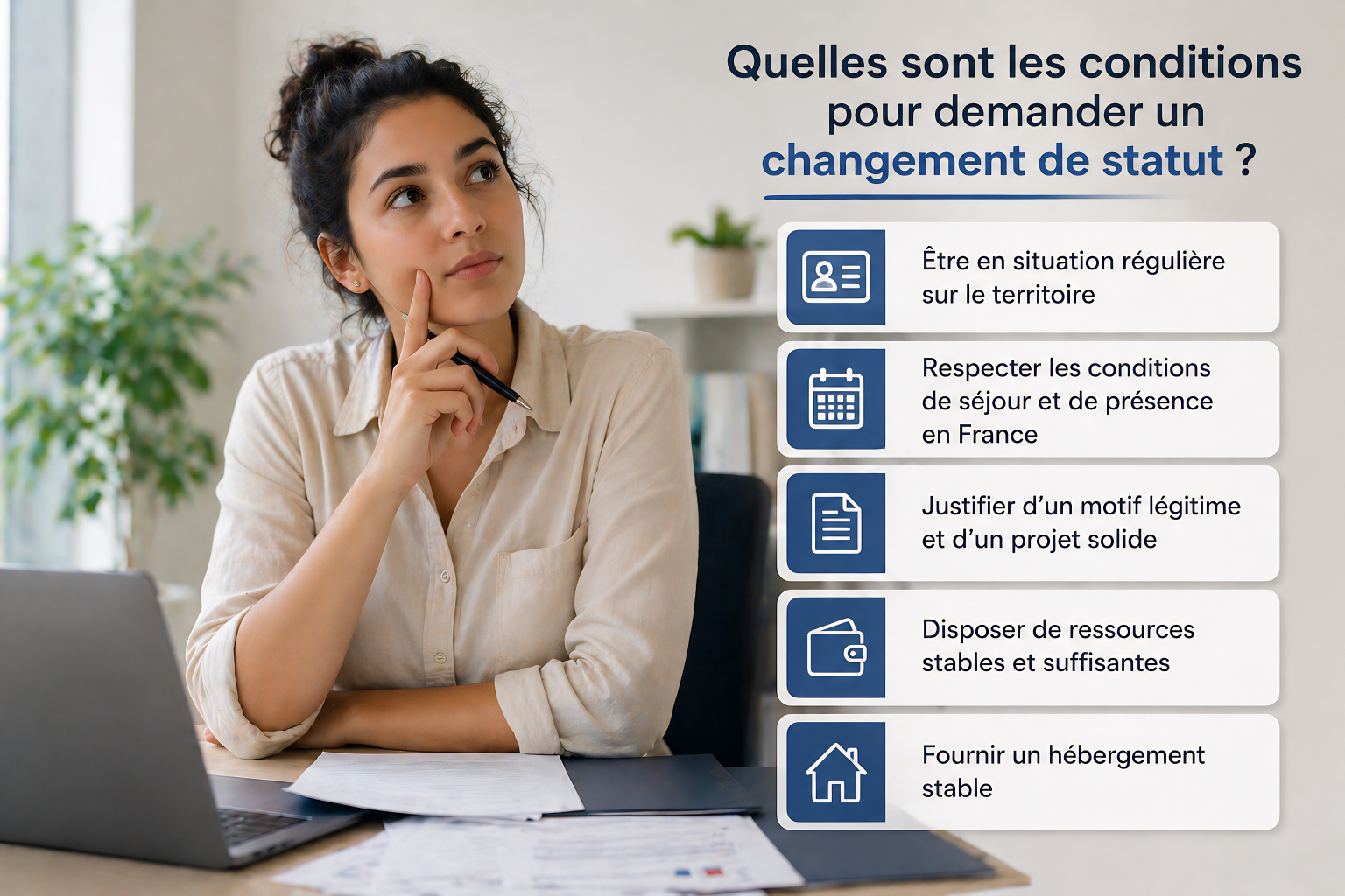 Une femme assise à un bureau avec un ordinateur portable et des papiers, regardant pensivement à côté d'une liste de conditions pour demander un changement de statut en France, affichée sur un mur.