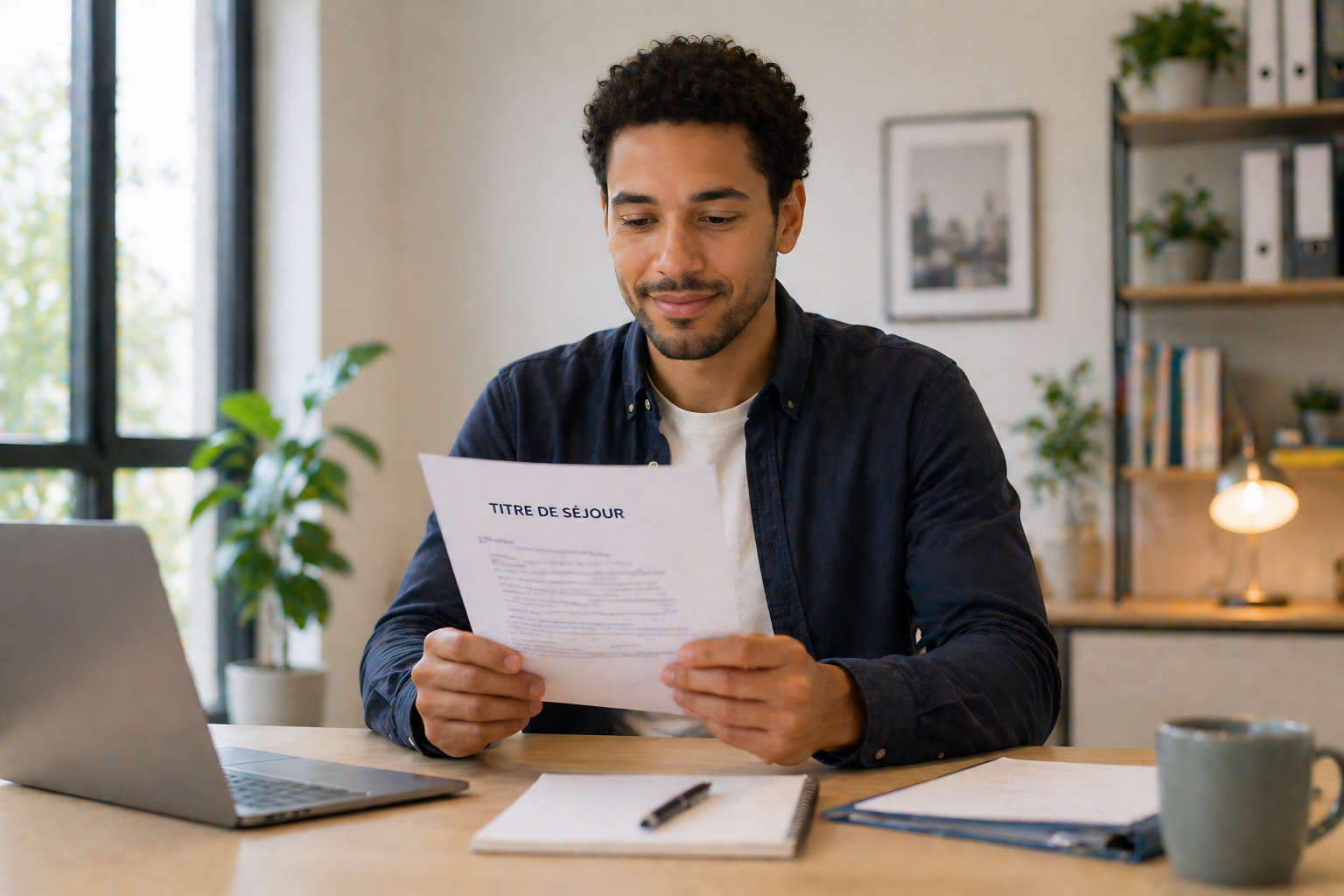 Un homme souriant lit une fiche de séjour dans son bureau, avec un ordinateur portable, un carnet, un stylo, un cahier et une tasse sur la table, et des étagères avec des livres et des plantes en arrière-plan.