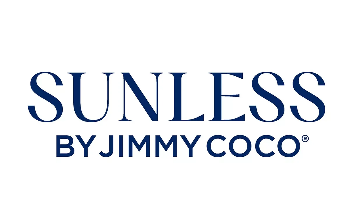 Brand logo reading 'Sunless by Jimmy Coco' in navy blue text on a white background.