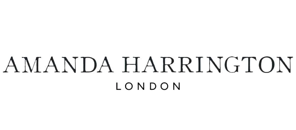 Text reads 'AMANDA HARRINGTON LONDON' on a white background.