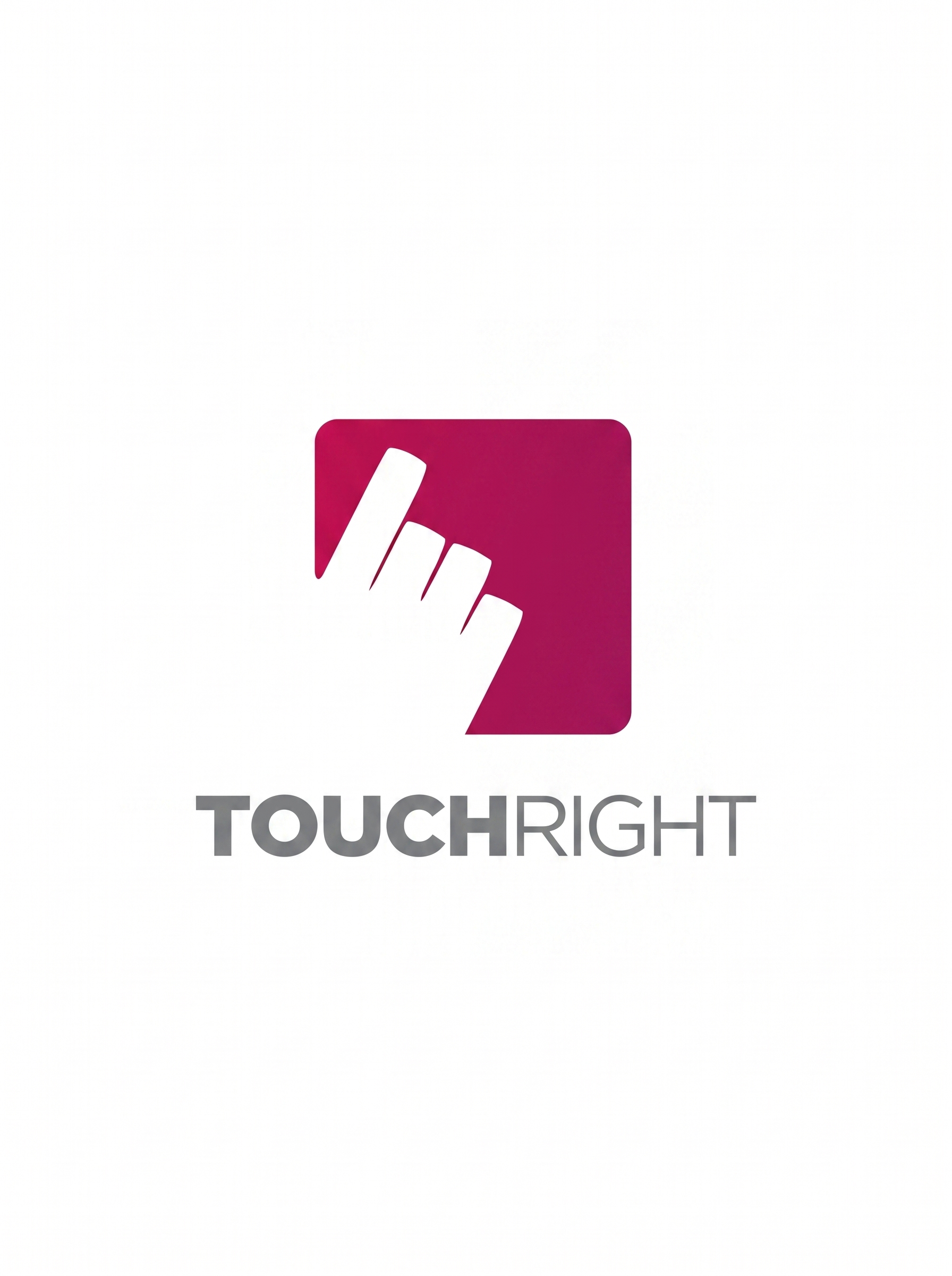 A logo with a pink square featuring a stylized white hand and the text 'TOUCHRIGHT' in gray capital letters underneath.