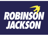 Robinson Jackson logo with white text and a yellow arrow on a dark blue background