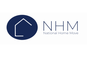 Logo featuring a stylized white house outline on a navy blue circle with the text 'NHM' and 'National Home Move' to the right.