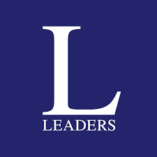 Large white letter L with the word LEADERS underneath on a dark blue background.