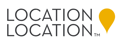 Logo for Location Location featuring black text and a gold map pin icon
