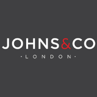 Johns & Co London logo with white text and red ampersand on a dark gray background