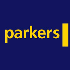 Logo with the word 'Parkers' in yellow lowercase letters on a dark blue background.